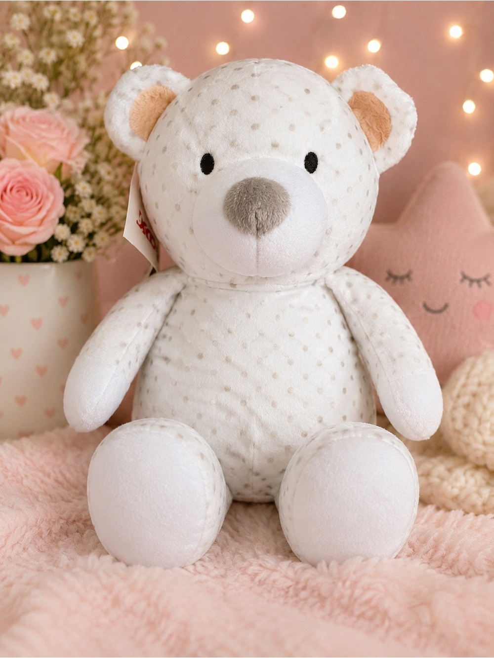 White Plush Teddy with Light Gray Dots